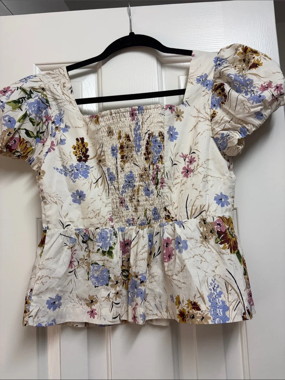 Anthropologie Floral Puff-Sleeve Square-Neck Top - Cream Blue